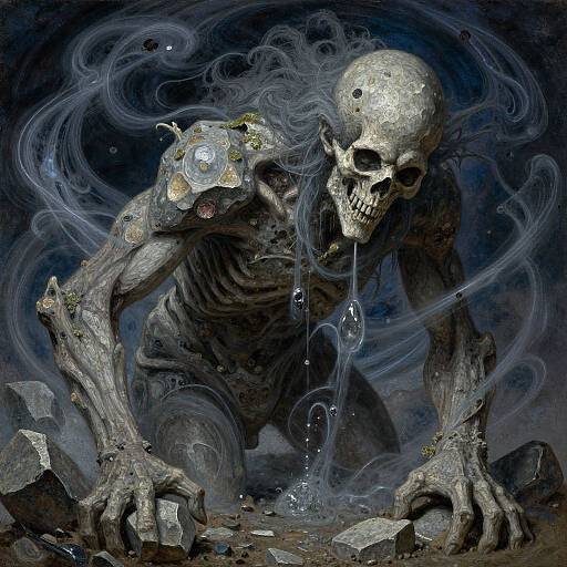 Digital artwork of a skeletal creature with glowing orbs and dripping liquid, crouching on rocky ground, surrounded by swirling dark smoke.
