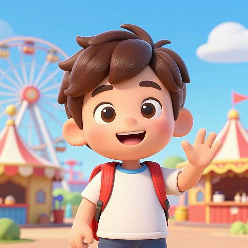 Cartoon-style boy with brown hair, white shirt, red backpack, waving, in vibrant fairground background with Ferris wheel and colorful tents.
