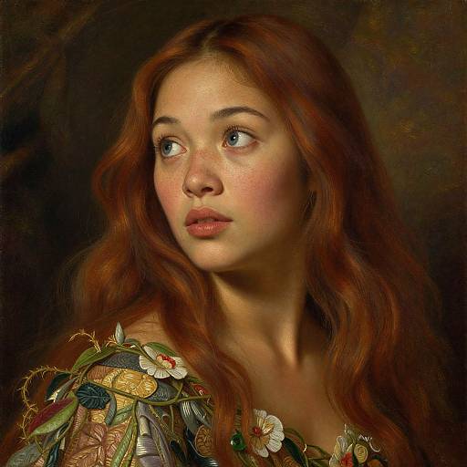Digital portrait of a young woman with long, wavy auburn hair, fair skin, and blue eyes, wearing a floral-patterned garment,