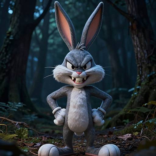CGI image of an angry, gray-furred cartoon rabbit with large ears, white chest, and white gloves, standing in a dark forest.