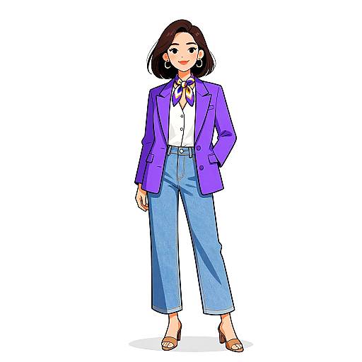 Digital illustration of an Asian woman with short black hair, wearing a purple blazer, white shirt, blue high-waisted pants, and brown sandals
