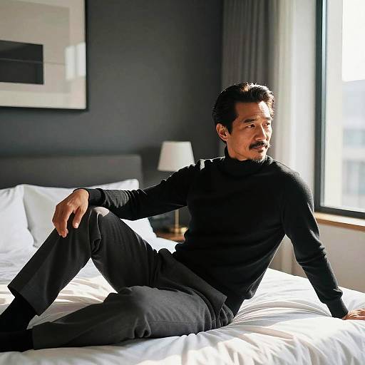 Photograph of a handsome, dark-haired man with a mustache, wearing a black long-sleeve shirt and gray pants, sitting on a bed