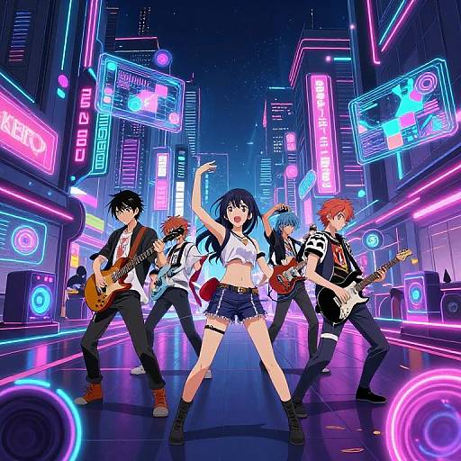 Anime-style digital illustration of a neon-lit city street at night, featuring five musicians performing in front of brightly colored, glowing signs.