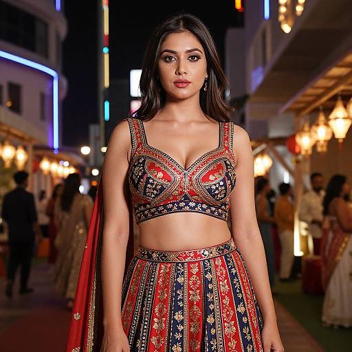 Photograph of a stunning Indian woman with long black hair, wearing an ornate red and blue embroidered crop top and skirt, standing in a vibrant,