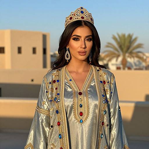 Photograph of a dark-haired woman with olive skin wearing a silver, bejeweled traditional robe and ornate tiara, standing outdoors in front
