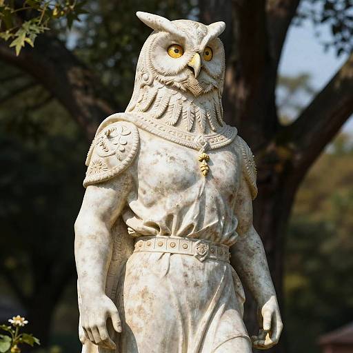 Photograph of a white stone statue depicting a muscular, owl-headed warrior with yellow eyes, ornate shoulder armor, and a belted tunic,