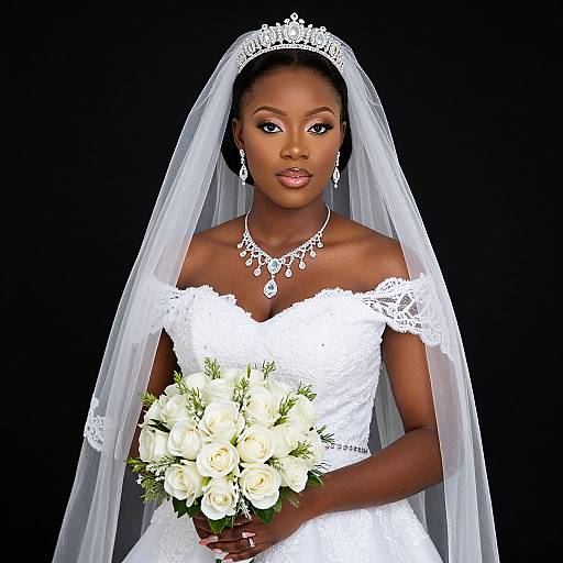 Photograph of a beautiful Black bride in a white lace off-shoulder wedding dress, tiara, veil, diamond necklace, holding white rose bouquet