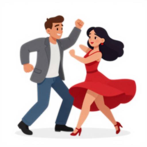 Cartoon-style drawing of a smiling couple dancing. Man in gray suit and blue jeans, woman in red dress and heels.