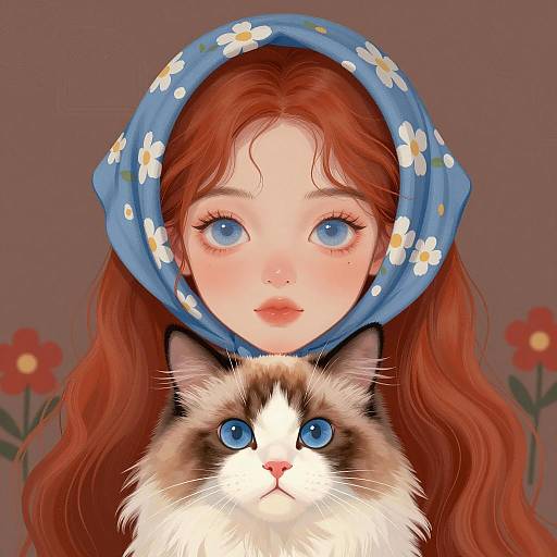 Digital Illustration of Girl with Blue Headscarf and Blue-Eyed Cat