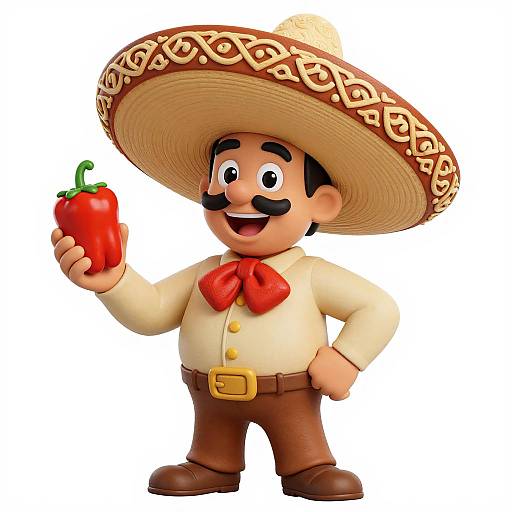 Cartoon Mexican farmer with large sombrero, red bowtie, brown pants, holding red bell pepper, smiling, standing against white background.