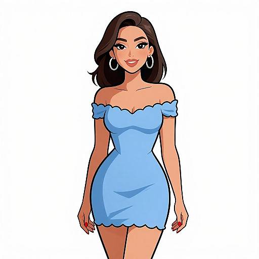 Digital illustration of a smiling woman with medium-length dark hair, wearing an off-shoulder light blue dress and large silver hoop earrings, standing against a