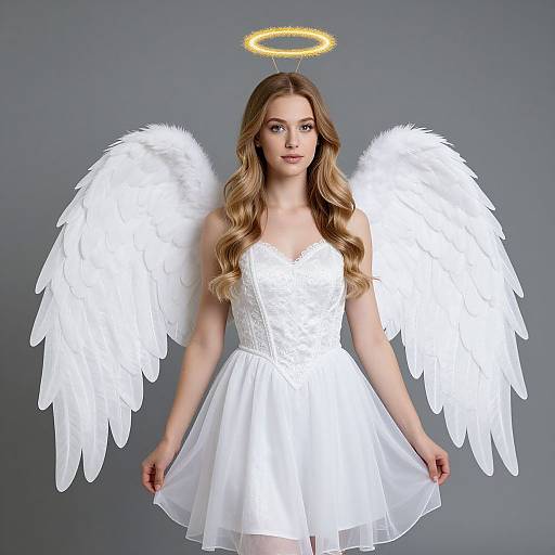 Photograph of a fair-skinned woman with long blonde hair, wearing a white angel dress, feathered wings, and a glowing halo, against a