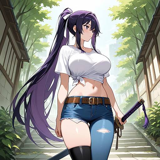 Anime-style digital drawing of a curvy woman with long purple hair, white tied shirt, denim shorts, black thigh-high socks, and a sword,