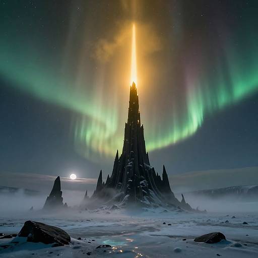 Photograph of a dark, jagged mountain peak under a vibrant aurora with green and yellow lights, surrounded by misty snow-covered landscape at night