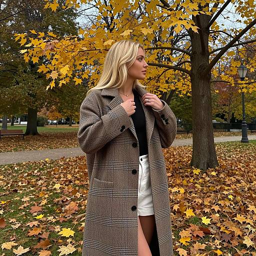 Blonde Woman in Plaid Coat in Autumn Park