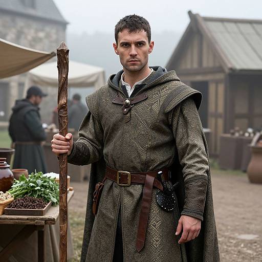 Photograph of a serious, dark-haired man in medieval brown wool cloak with wooden staff, standing in a village market. Background includes tents, wooden houses