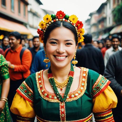 Smiling woman in colorful traditional dress with floral headpiece