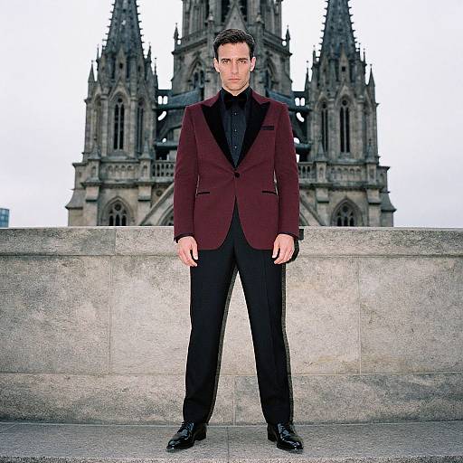 Photograph of a serious, dark-haired man in a maroon blazer, black shirt, and pants, standing in front of a gothic cathedral