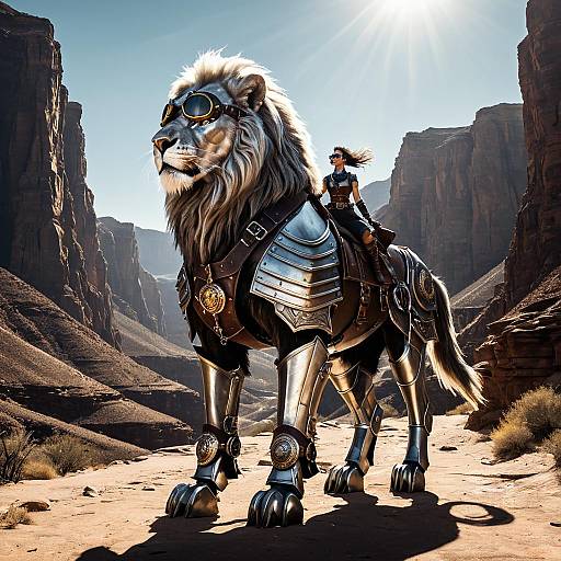 Silver Armored Lion Centaur in Desert Canyon