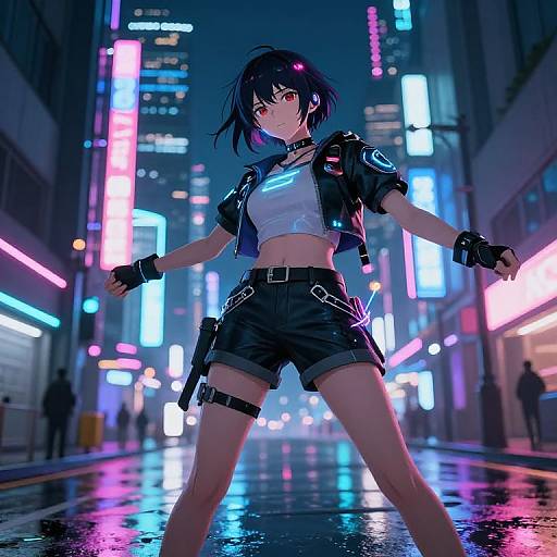 Cyberpunk anime girl with black hair, red eyes, white crop top, black shorts, jacket, and gloves, standing confidently in a neon-l