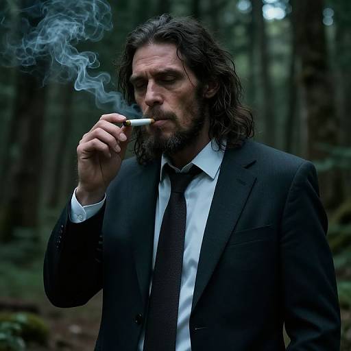 Neanderthal Man Smoking in Forest