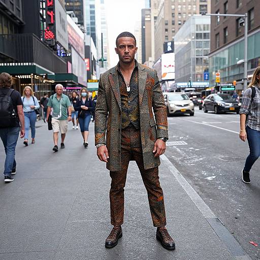 Photograph of a muscular, bearded man in patterned, brown suit standing confidently in a busy urban street, with pedestrians and cars in the background