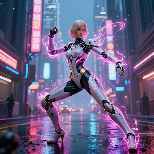 CGI image of a blonde, white-skinned woman in a futuristic, form-fitting, white and black suit, glowing pink energy surrounding her,