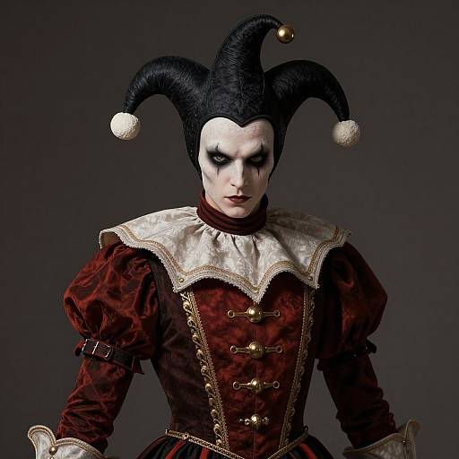 Photograph of a pale-faced, black-jester costume with white pom-poms, red velvet, gold buttons, and white lace collar against a dark