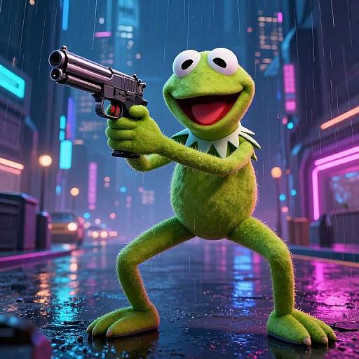 CGI image of Kermit the Frog wielding a black handgun in a neon-lit, rainy urban street, standing confidently with a wide grin.