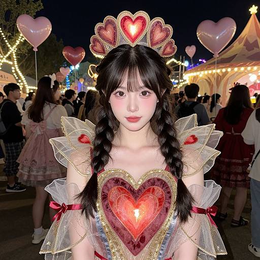 Photograph of an Asian woman in a fairy-tale princess costume with a heart-shaped red and gold chestpiece, braided hair, and heart ti