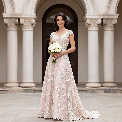 Photograph of a smiling South Asian woman in a white lace wedding gown, holding a bouquet, standing in front of an arched, columned building