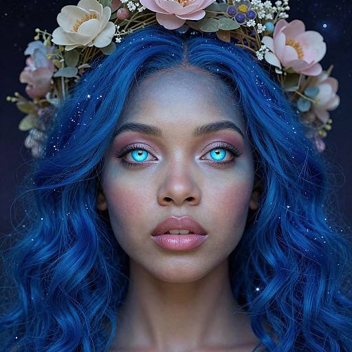 Digital portrait of a woman with glowing blue eyes, blue wavy hair, and a floral crown, set against a dark background.