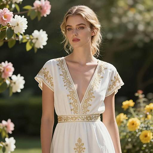 Elegant Woman in White Gold Dress