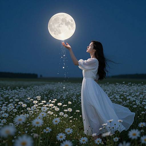 Photograph of a woman in a flowing white dress, touching a glowing full moon, with daisy-filled field and dark blue night sky background.