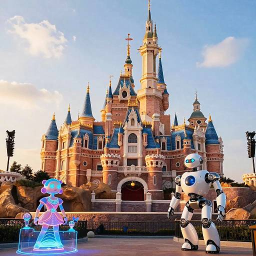 Photograph of a Disney-style castle with two glowing, futuristic robots in front: one blue and one white, standing on a stone pathway. Bright sky
