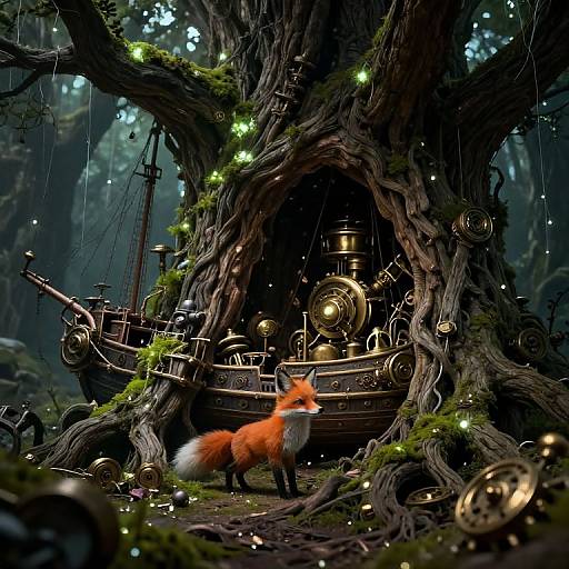 Digital fantasy art of a red fox standing before a whimsical, steampunk treehouse with glowing lights and intricate brass machinery.