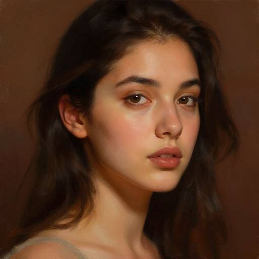 Digital portrait of a young woman with fair skin, dark brown hair, and brown eyes, set against a brown background. Realistic style.