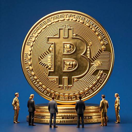 Photograph of seven miniature businesspeople surrounding a massive, gold Bitcoin coin with intricate circuits on a deep blue background.
