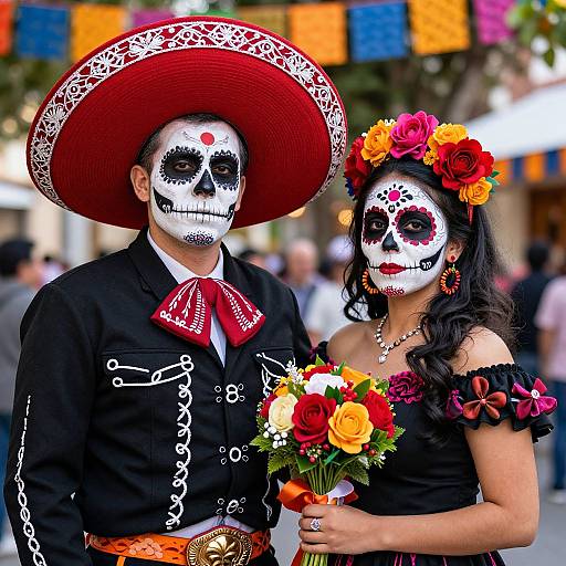 Photograph of a Mexican Day of the Dead couple, man in black suit with red bowtie, large red sombrero, woman in black dress with