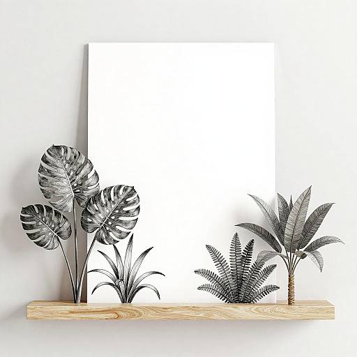 Minimalist Tropical Plant Sketches on Floating Shelf
