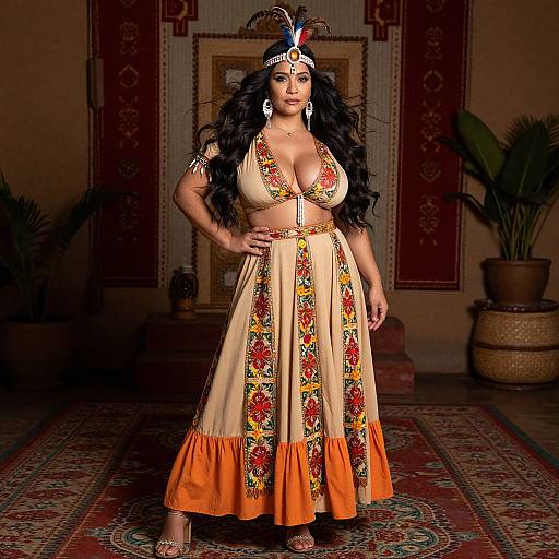 Photograph of a curvy woman with long black hair, wearing a revealing, floral-embroidered, beige and orange traditional dress, ornate