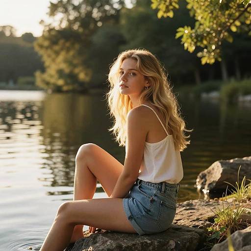 Photograph of a blonde woman with wavy hair, wearing a white tank top and denim shorts, sitting by a sunlit lake, surrounded by trees
