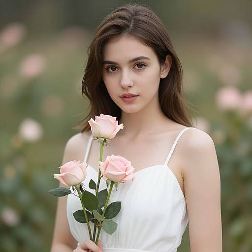 Photograph of a young woman with fair skin and dark brown hair, wearing a white dress, holding pink roses in a blurred garden.