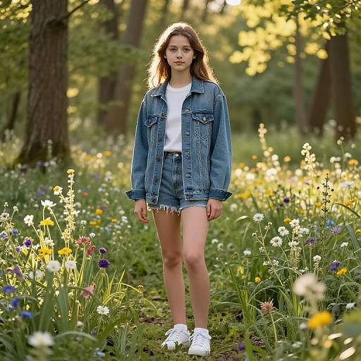 Photograph of a young woman with long brown hair, wearing a denim jacket, white top, frayed denim shorts, and white sneakers, standing in