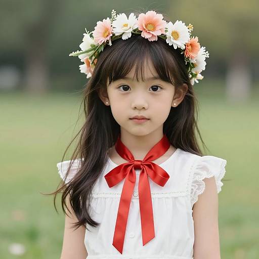 Photograph of an Asian girl with long black hair, wearing a white lace dress with a red ribbon, and a flower crown, standing in a green