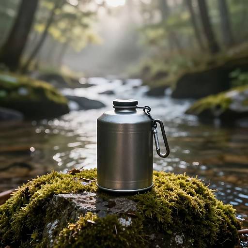 Photograph of a stainless steel water bottle with a black cap and loop, resting on moss-covered rocks in a sunlit forest stream.