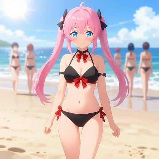 Anime Girl in Stylish Bikini on Beach