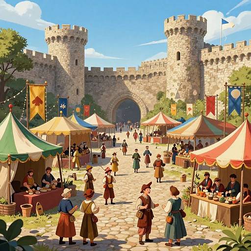 Colorful medieval fair scene with market stalls, castle towers, people in period clothing, flags, and bright blue sky in digital art style.