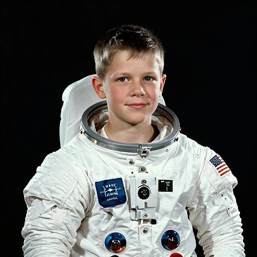 Photograph of a young Caucasian boy with short brown hair, wearing a white astronaut suit with patches and insignia, set against a black background.