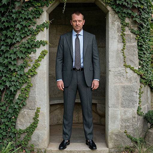Man in Charcoal Gray Suit Standing in Stone Archway